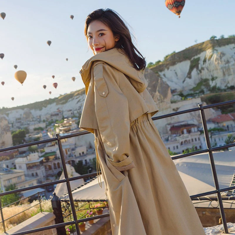 Женская Длинная ветровка с капюшоном демисезонное Свободное пальто до колена