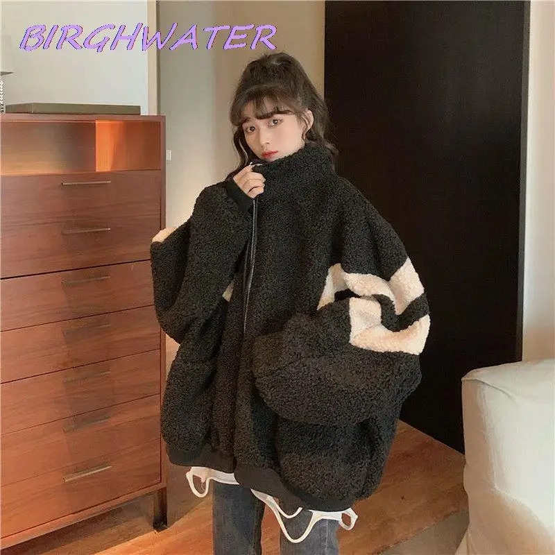 

Woman Lamb Jacket Winter Korean Loose Students Color Matching Plus Velvet Thickened Coats Oversized Winter Warm Women Clothes