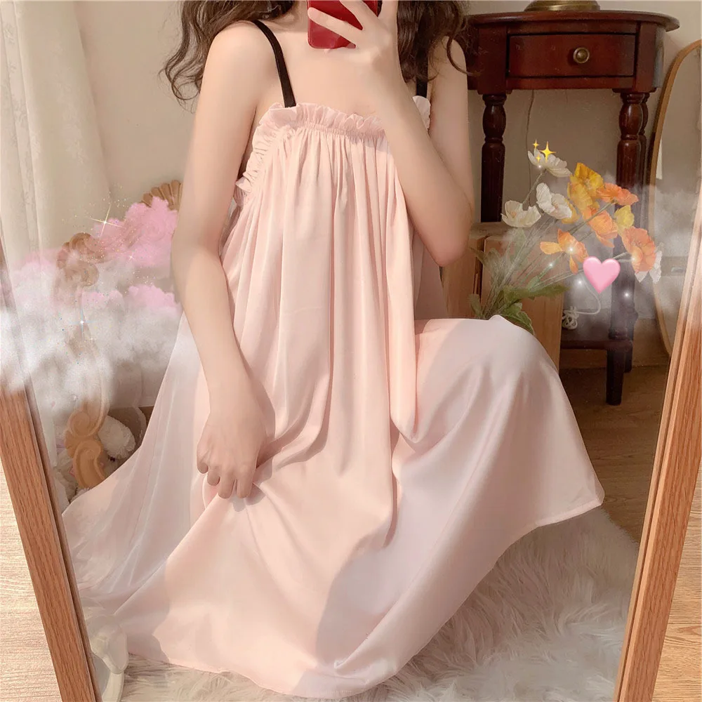 2021 Summer New Sexy Sling Nightdress Women's Fungus Side Backless Lace Nightgown Loose Home Clothes Female Sleepwear Nightwear