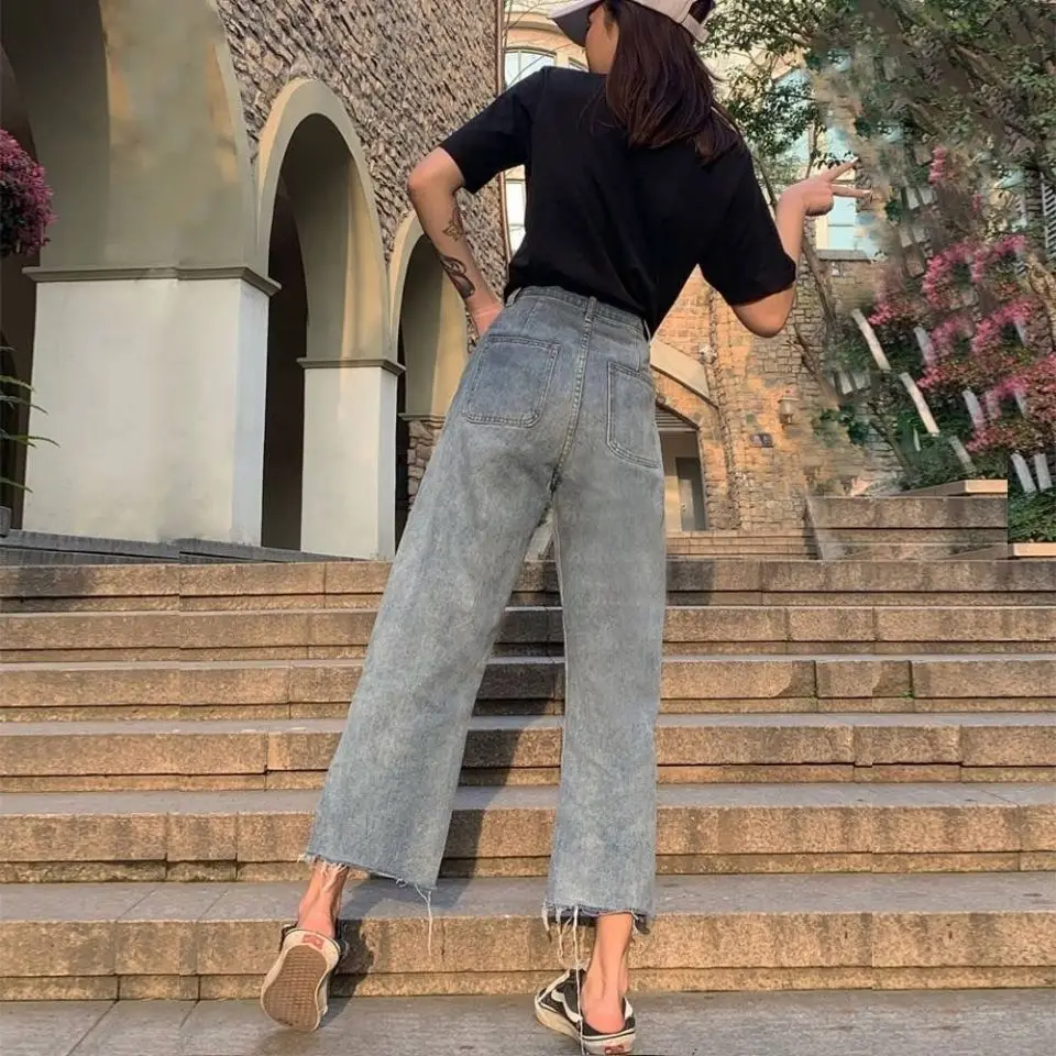 

Spring and summer new Korean perforated jeans women's loose nine point versatile straight pants high waist show thin wide leg