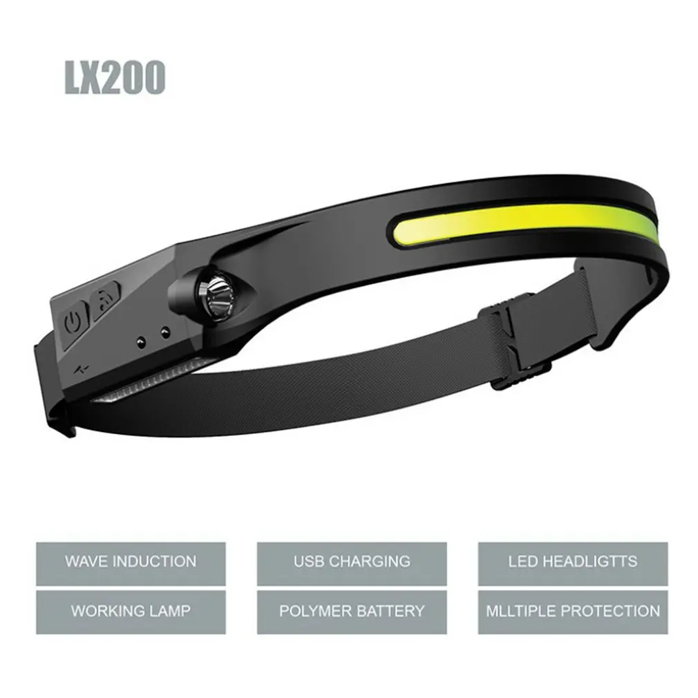

COB LED Headlamp Sensor Headlight with Built-in Battery Flashlight USB Rechargeable Head Lamp Torch 5 Lighting Modes Work Light