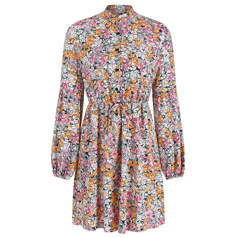 

Women Dress Autumn Winter New Fashion Print V-neck High Waist Lace-up Floral Chiffon Dress Chic Vestido Feminino Donsignet