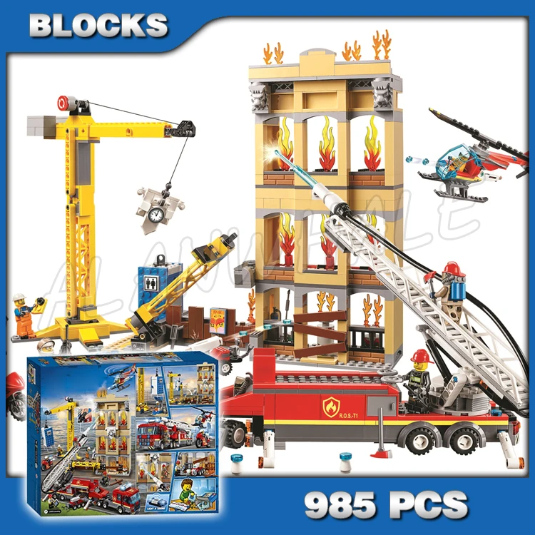 

985pcs Downtown Crane Fire Brigade Ladder Truck Water Jet function 11216 Model Building Blocks Boys Compatible With Bricks