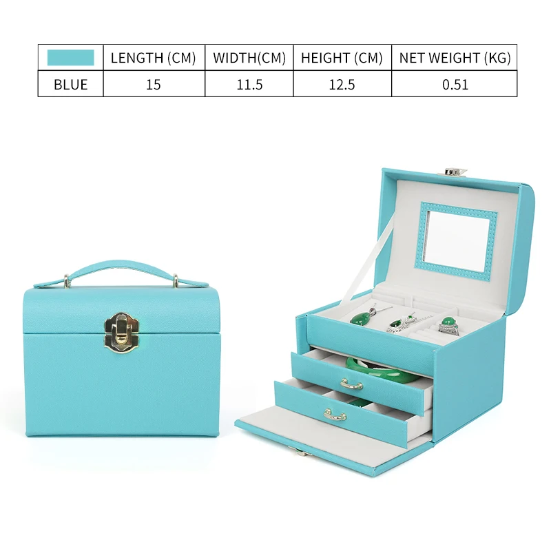

Light Blue Pu Leather Jewelry Display Box With Mirror For Femal Ring Earing Pendent Bracelet Showcase Jewellery Holder Portable