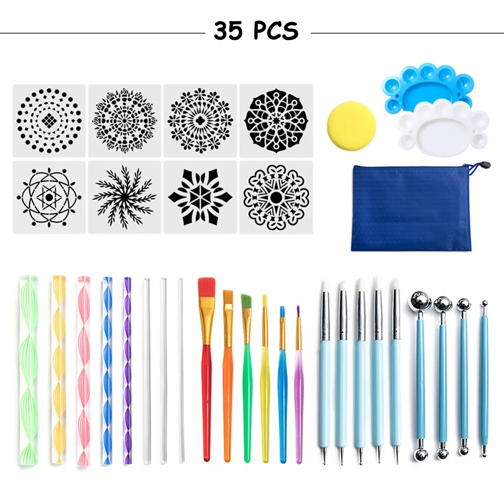 

35PCS Mandala Dotting Acrylic Tools Set For Painting Rocks Pottery Portable Multifunction Embossing Dot Kit Polymer Clay Tools