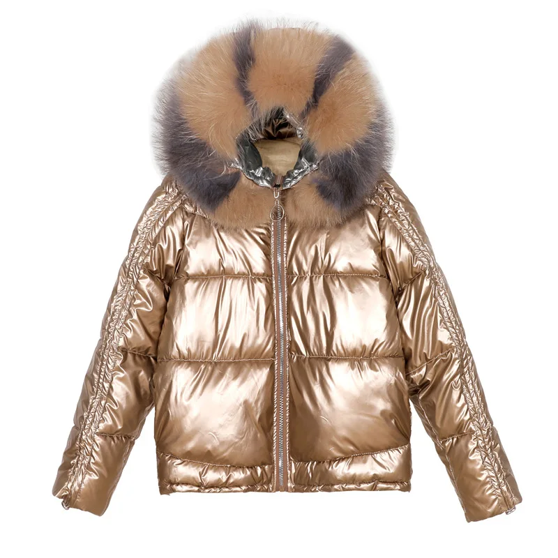 

Women Winter Solid Color Fashion Large Fur Collar Shiny Parkas Female Loose Thick Warm Coat Ladies Brand Hooded Outerwear ML812