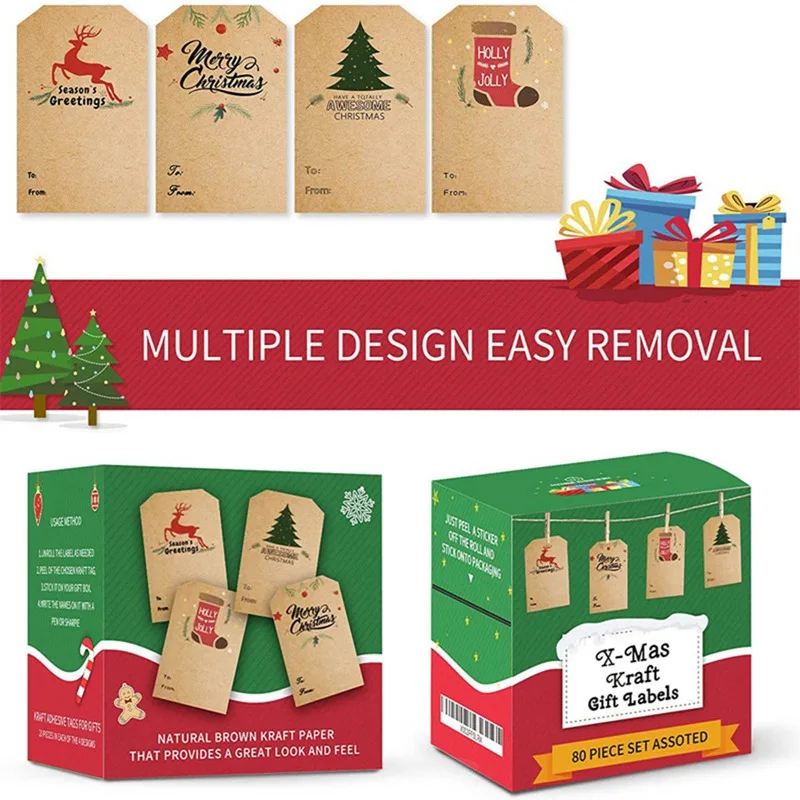 

300pc/roll Christmas Rectangular Shaped Christmas Tree Kraft Paper Sticker 75*50MM Gift Tags Labeling DIY Packaging Stickers New