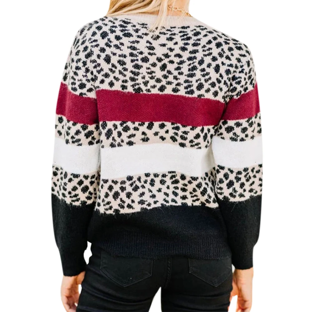 

Autumn Leopard Patchwork Women's Sweaters O Neck Pullovers Long Sleeve Women Clothes Striped Knitted Top Loose Sweater Female