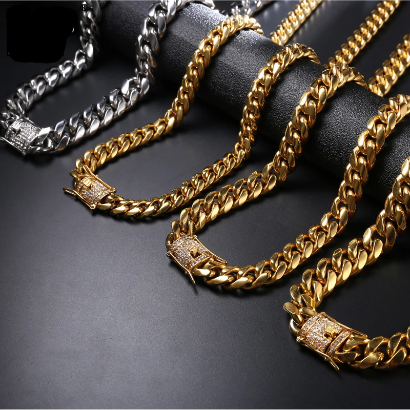 

Hip Hop Jewelry 6/8/1012/14/16/18MM Iced Out Clasp Miami Necklace Mens 316L Stainless Steel Cuban Link Chain Necklaces For Men