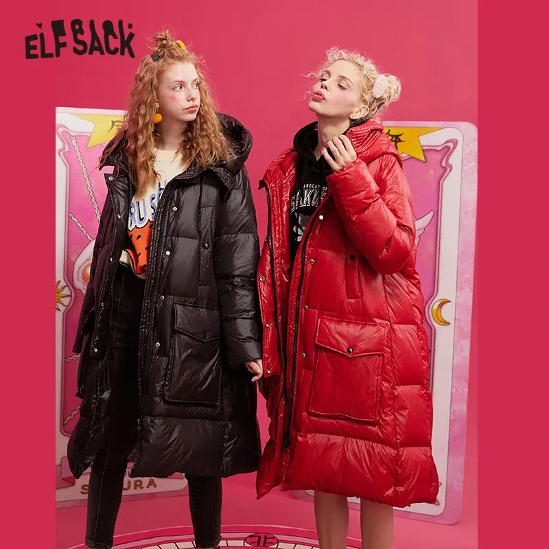 ELFSACK черный однотонный сатиновый прямой с капюшоном теплый длинный пуховик для