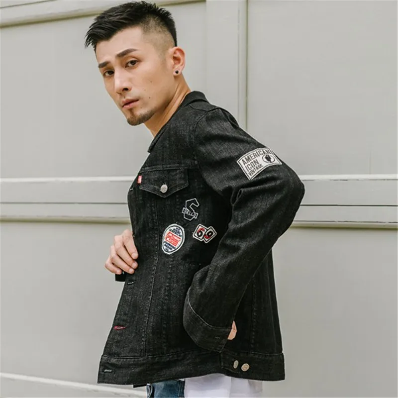 

Мужская джинсовая куртка в стиле хип-хоп с геометрическим принтом, джинсовая куртка, новинка 2021, винтажные однобортные тонкие ковбойские ку...