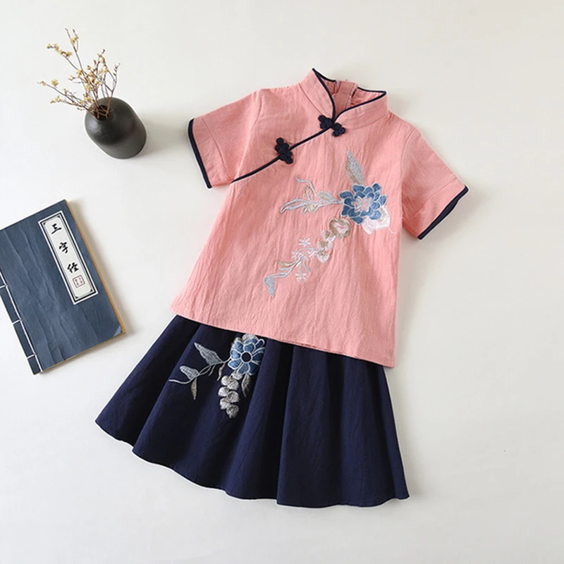 Платья для девочек Hanfu летние костюмы с юбкой Детская рубашка в древнем стиле