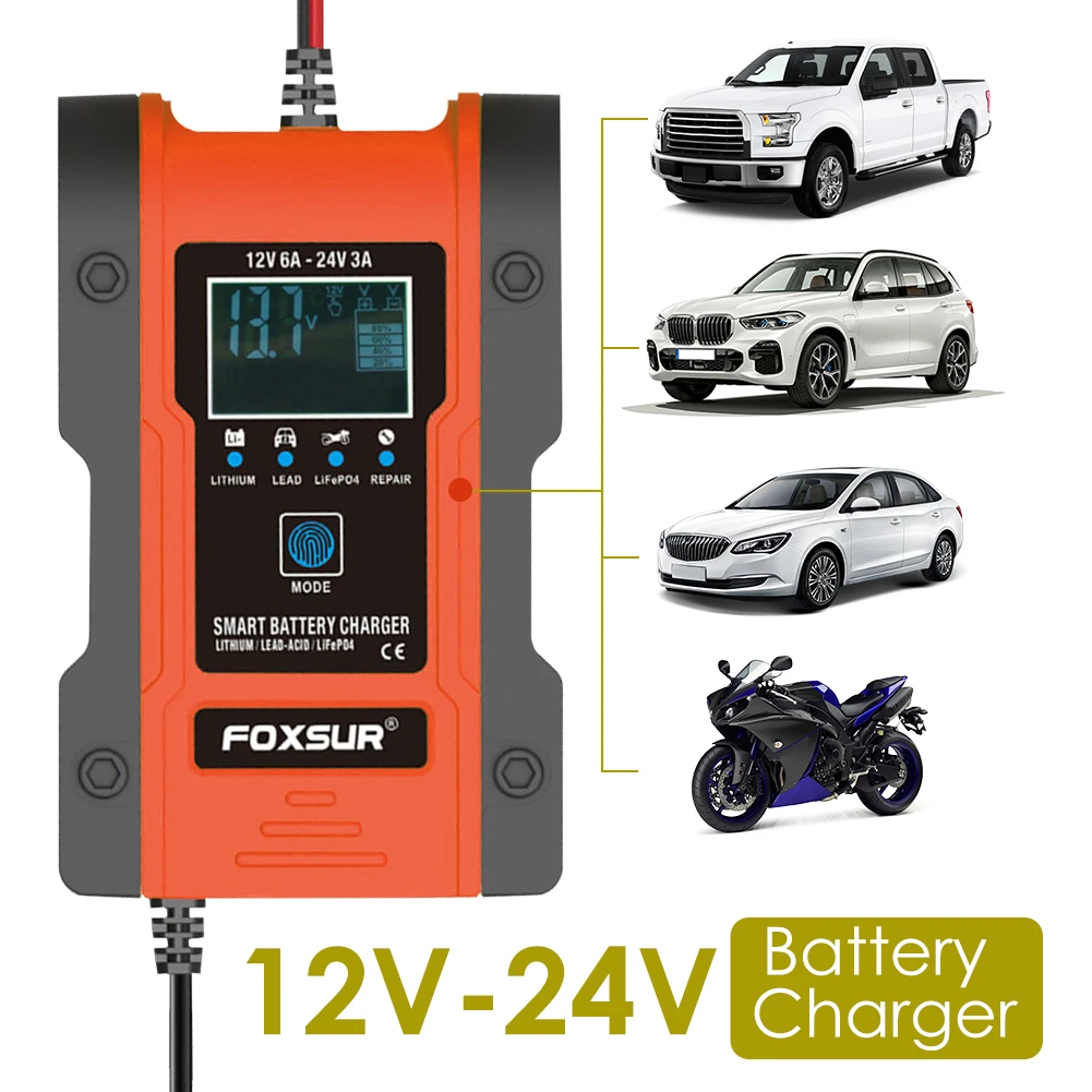 

12V 6A 24V 3A Smart Battery Charger Digital LCD Display Car Power Pulse Repair Chargers for AGM GEL WET Lead Acid Battery