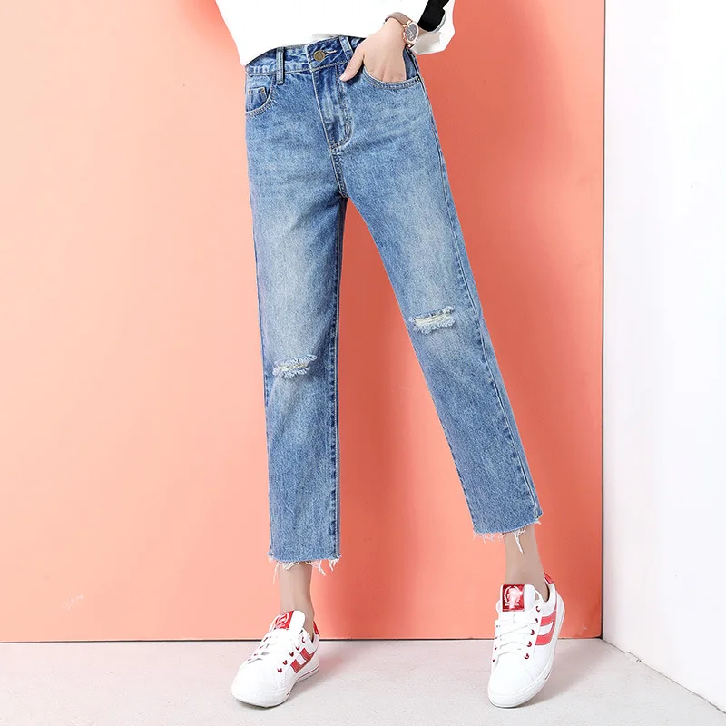 Джинсовые прямые джинсы женские с высокой талией рваные для женщин в стиле