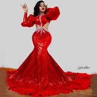 charming red sequins evening dresses long puffy sleeves custom made plus size aso ebi women prom gowns 2022 designer sweep train
