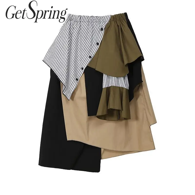 

GetSpring Women Skirt Patchwork High Waist Asymmetrical Skirts Loose Women Long Skirt Irregular Ladies Skirts Autumn Winter 2019