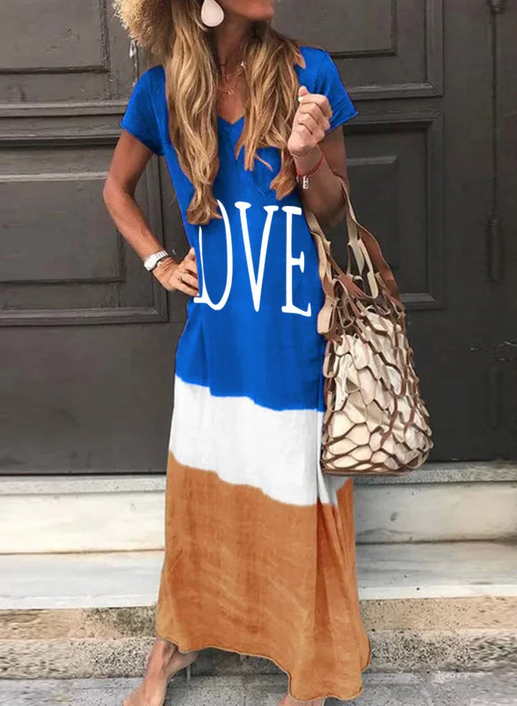 

Summer Loose Maxi Dress Women Casual Home Large Size V-neck Short-sleeved Printing Long Dress