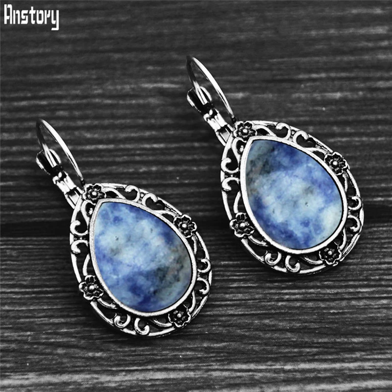 Vintage Drop Natural Jades Earrings Antique Silver Plated Natural Unakite Stone Flower Pendant Fashion Women Earring images - 6