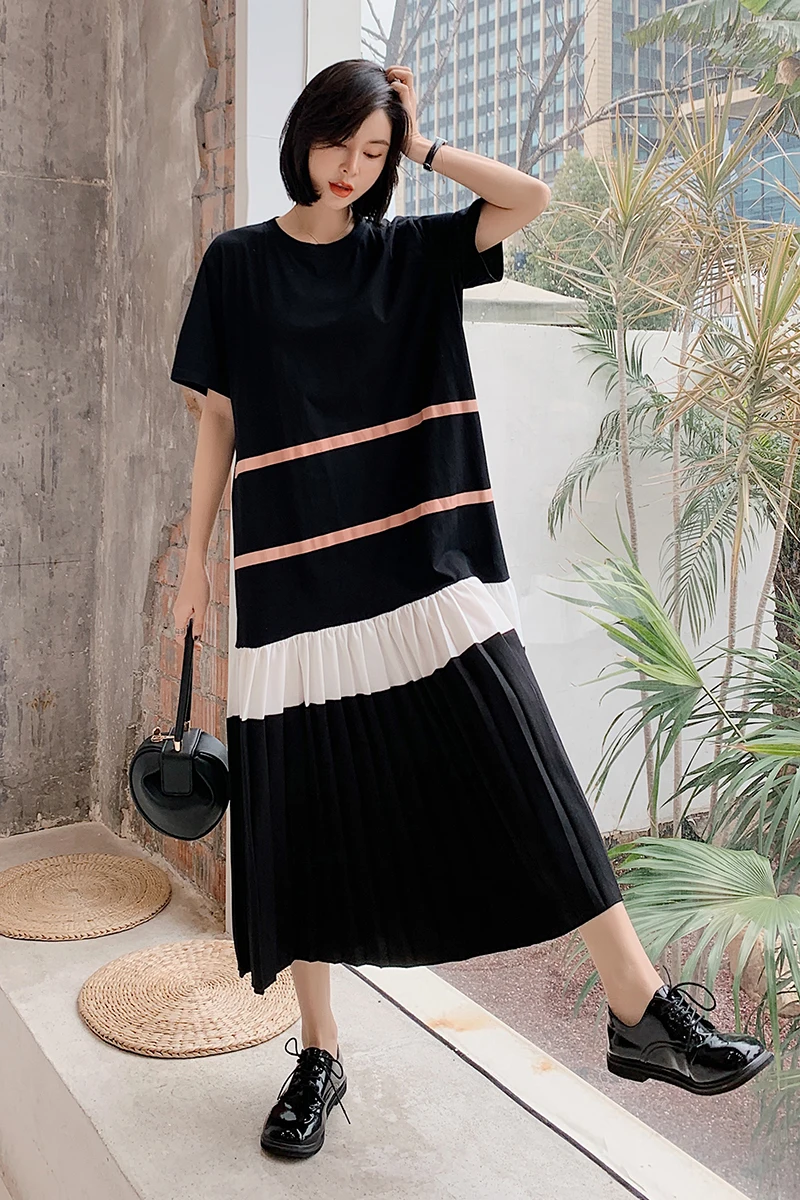 

2020 Summer New Design Long Stitching Pleated Short-Sleeve Long Dress Round Neck Splice Comfortable Korean Style Dresses
