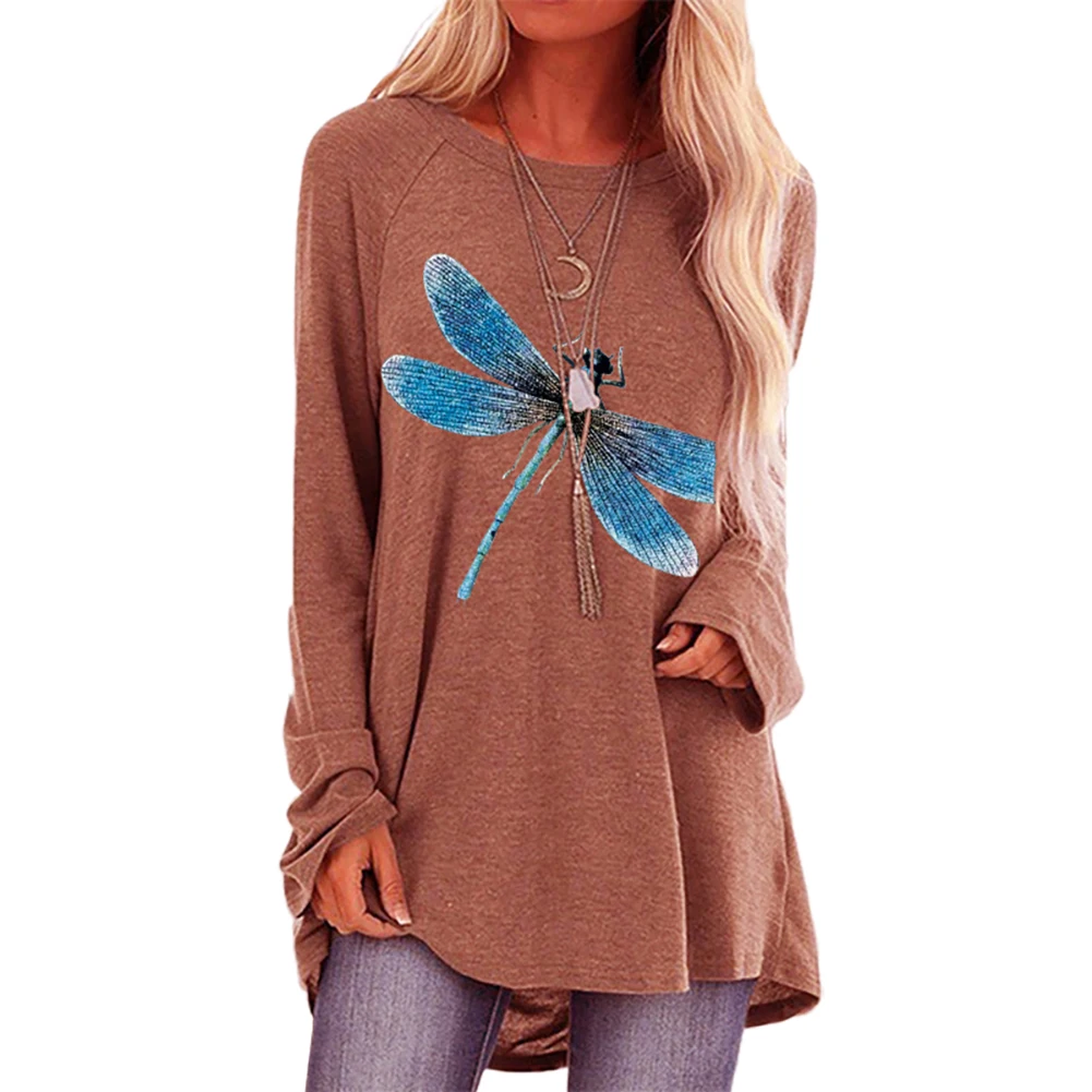 

Women Casual Autumn O Neck Long Sleeve Dragonfly Print Loose Pullover Blouse Top