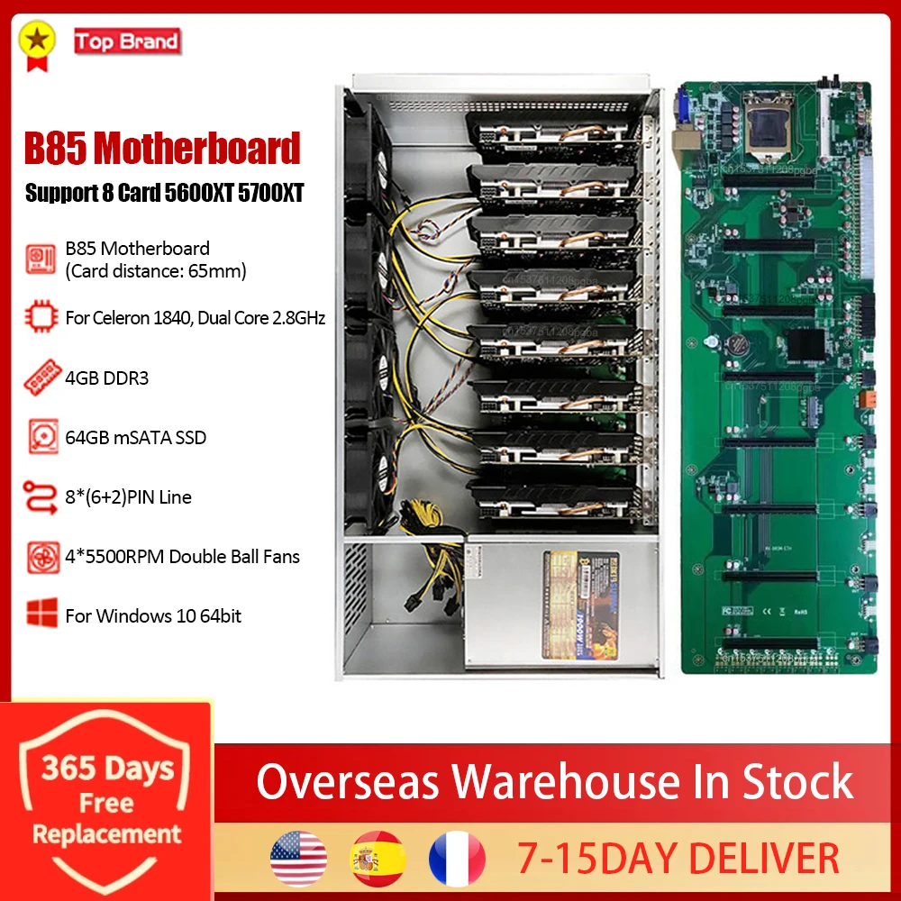 

Чехол для майнера BTC-B85, 8 слотов для графических процессоров, 4 Гб DDR3, для процессора Celeron 1840, 64 ГБ SSD, 4 вентилятора для майнинга видеокарт 5700XT/...