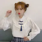 Китайский стиль белая рубашка для женщин топы Винтаж рюшами кисточкой с пышными рукавами Блузка Лолита Стенд воротник Подростковая девушка японская одежда