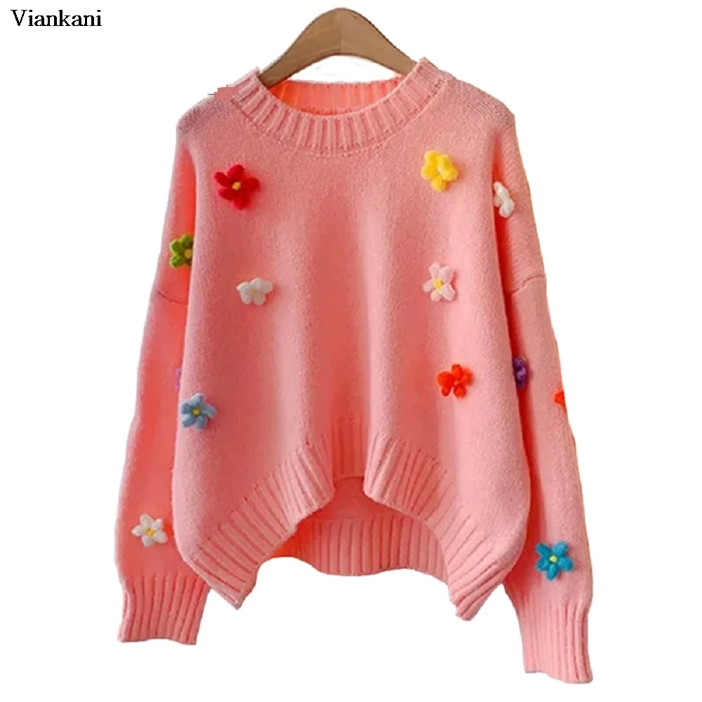 

Kawaii Autumn Winter Pullover Sweater Women Japanese Cute Knit Jumpers 2021 Fashion Flowers Decoration Knitwear Sweater Coat