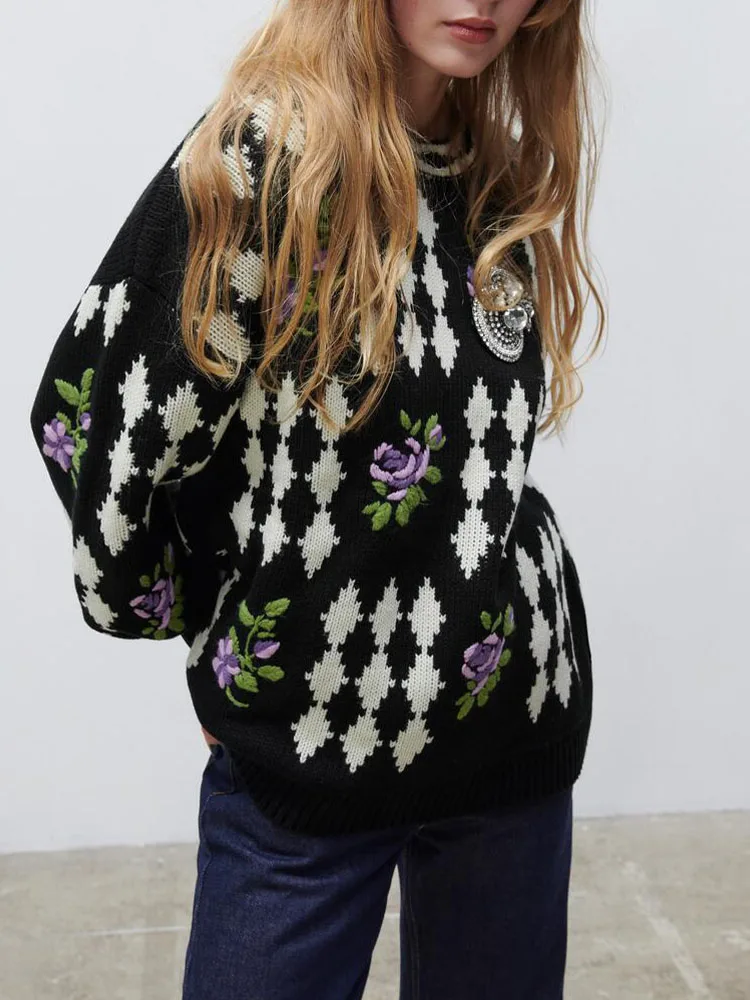 Женский жаккардовый свитер ZA трикотажный пуловер с круглым вырезом и цветочной