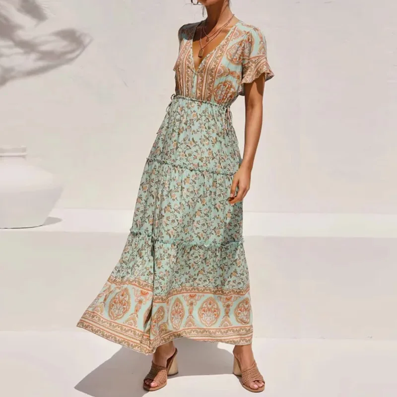 

ZA Bohemian Floral Printed Maxi Dress Women Vintage Short Sleeve V Neck Ruffle Dresses For Women Casual Summer Beach Long Dress