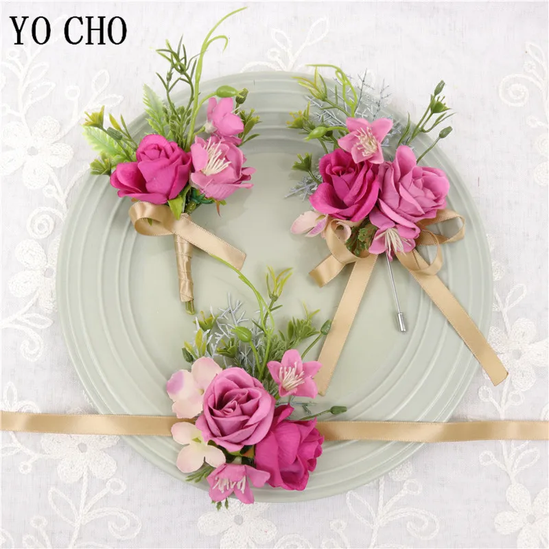 YO CHO Silk Rose Wedding Corsages and Bridal Brooches Groom Boutonniere Buttonhole Man Marriage Corsage Bracelet Flowers | Дом и сад