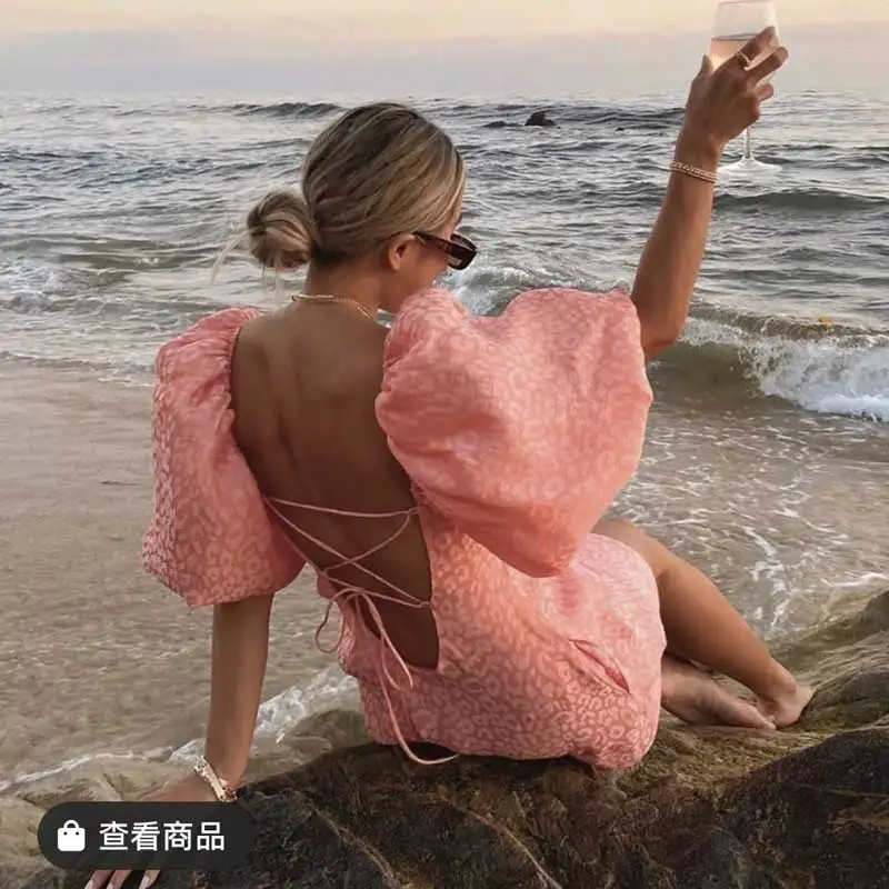 

pink dress for women puff sleeve adjustable back tie sexy party dress spring summer dress 2021 new ladies dress