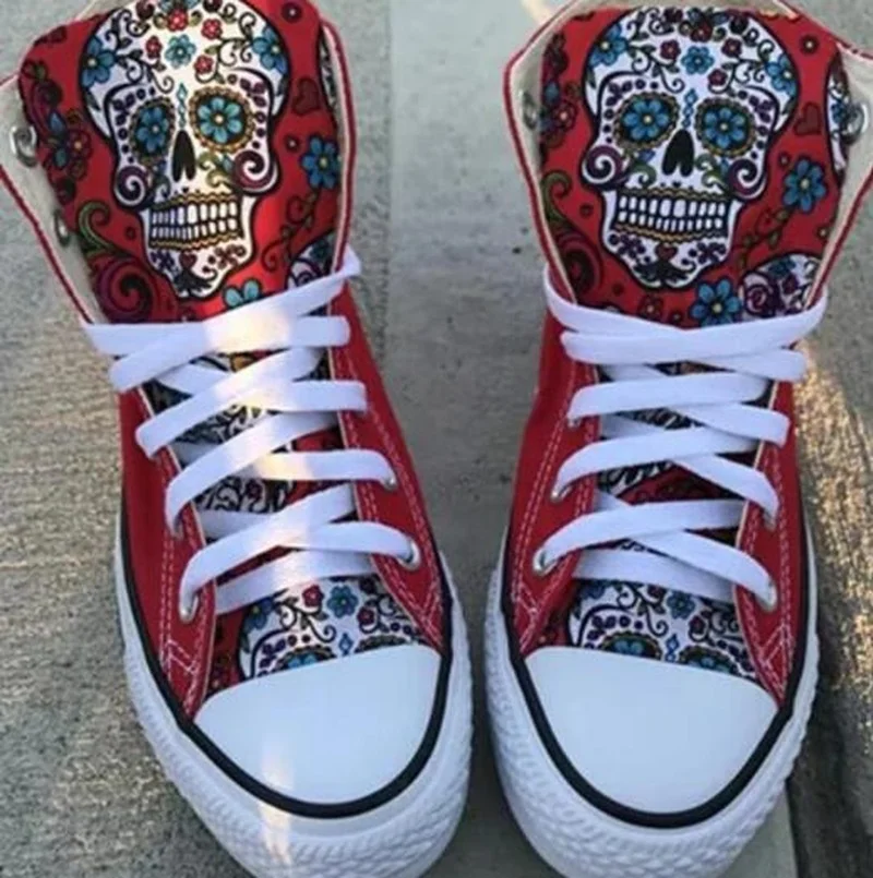 

2021 Women Flats Casual Shoes Woman Plus Size Canvas Fabric High-top Boots Skull Shoe Chaussures Femme Zapatos Mujer Sapato