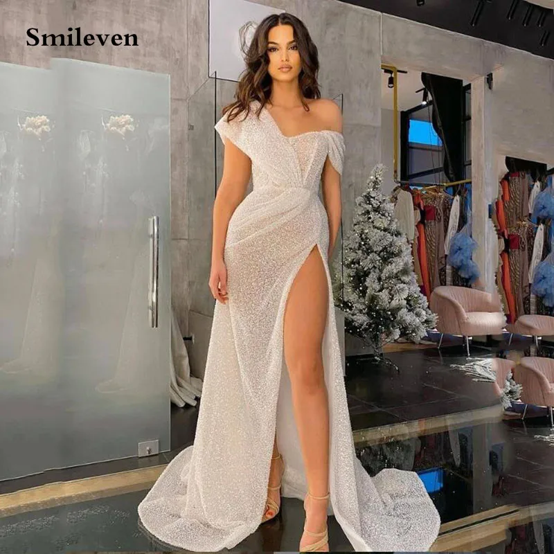 

Smileven Sequin Mermaid Evening Dress One Shoulder Side Split Formal Dress Party Gown robe de soiree Mermaid Prom Gowns