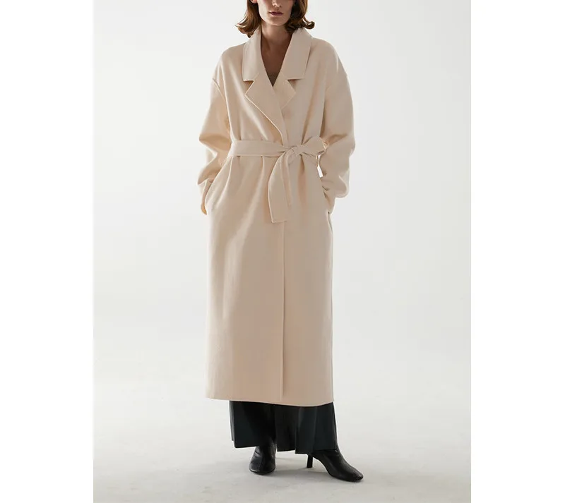 

Женская двухсторонняя шерстяная куртка на шнуровке, однотонное теплое пальто средней длины с длинным рукавом и отложным воротником для осе...