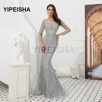 2021 new sexy see through o neck eevning dresses deep v mermaid long sleeves beading prom party gown vestidos de fiesta