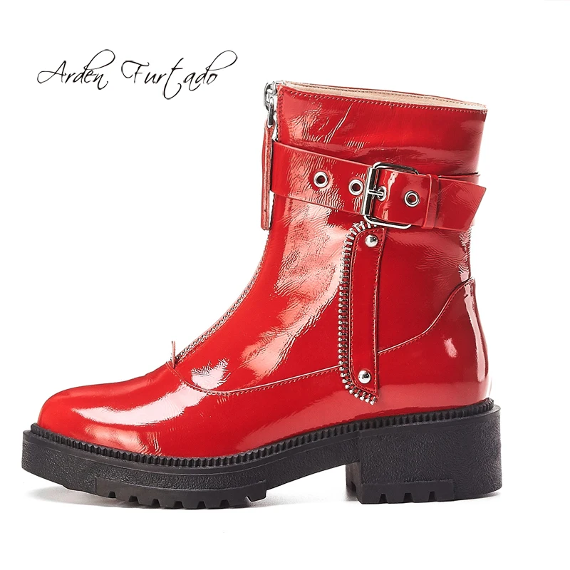 Модная женская обувь зимние женские ботинки на молнии короткие из Красной кожи