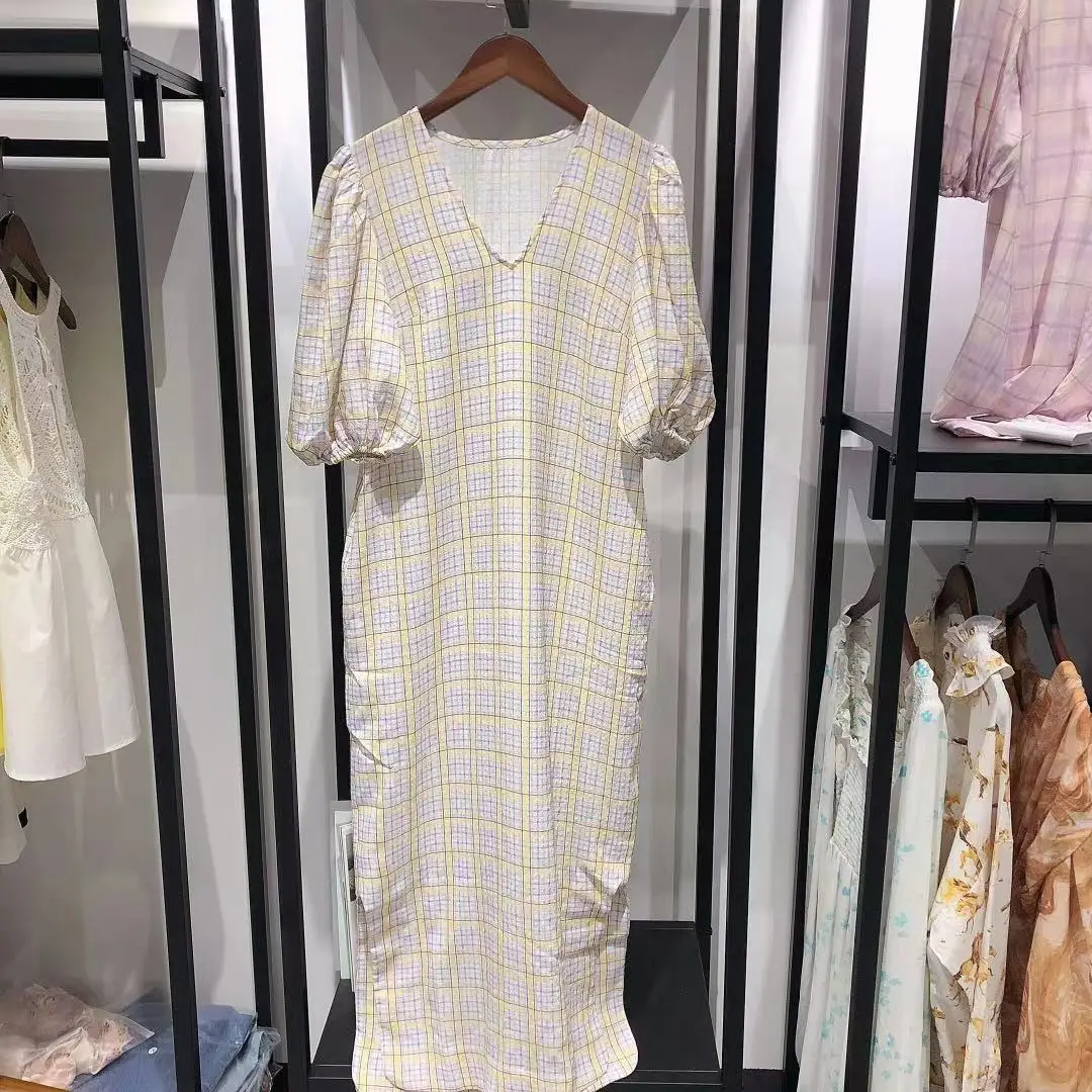 

Women Dress 2021 New Summer V-neck Plaid Split Middle Sleeve Commuting Loose and Simple Slim Long Dress