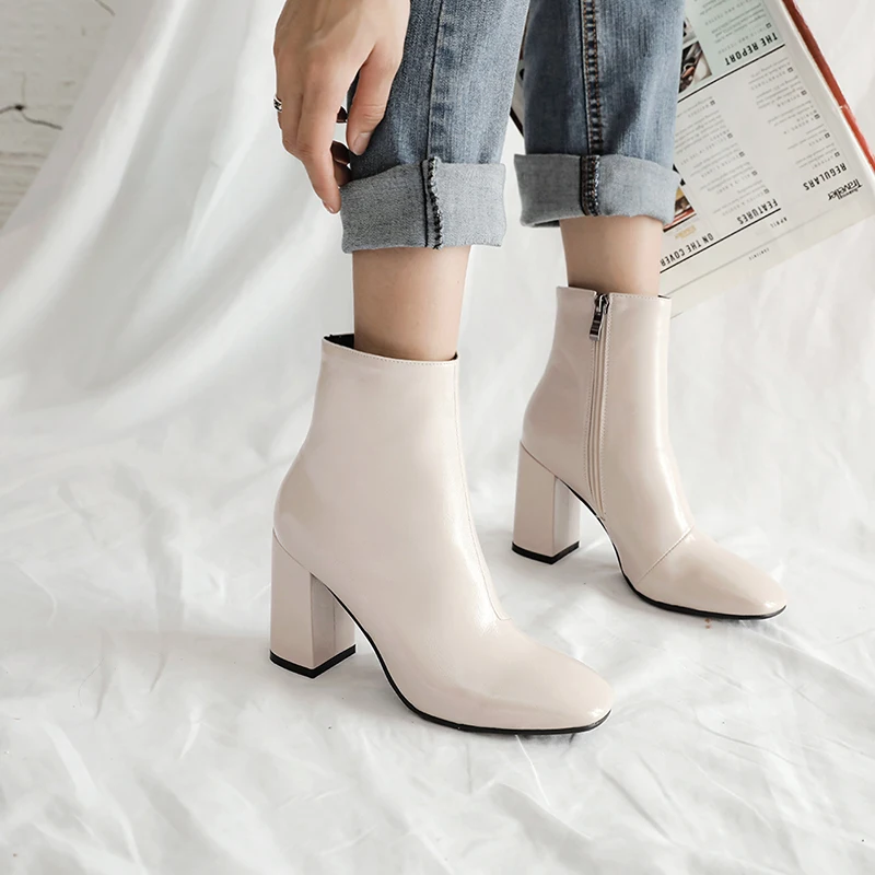 

WETKISS Pu Boots Women Ankle Booties Female High Heels Thick Shoes Ladies Square Toe Shoes Women Winter 2020 Plus Size 45