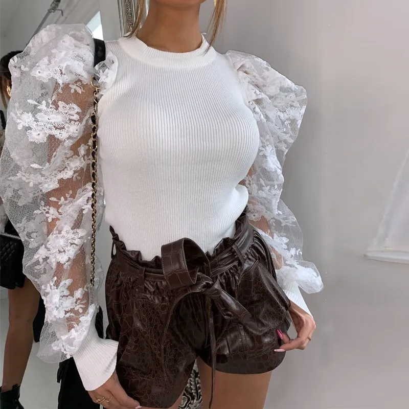 HEYounGIRL Лоскутная кружевная укороченная футболка с пышными рукавами женская белая черная винтажная Элегантная футболка женская облегающая футболка Топы Осень