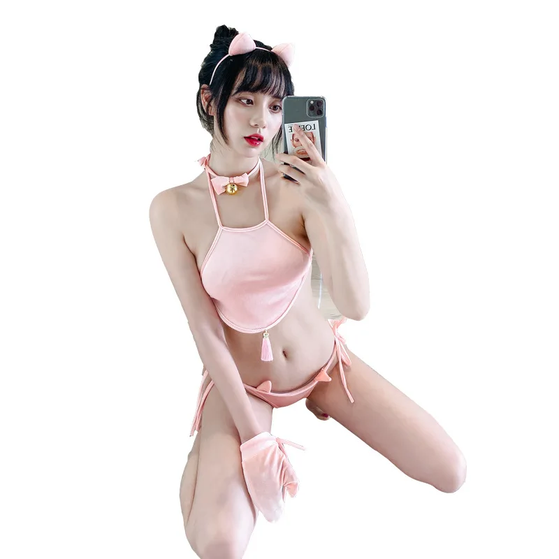 Сексуальное белье Кошечка Трикотажный комплект соблазнения в стиле японской мягкой милой униформы Playboy Bunny для студенток.