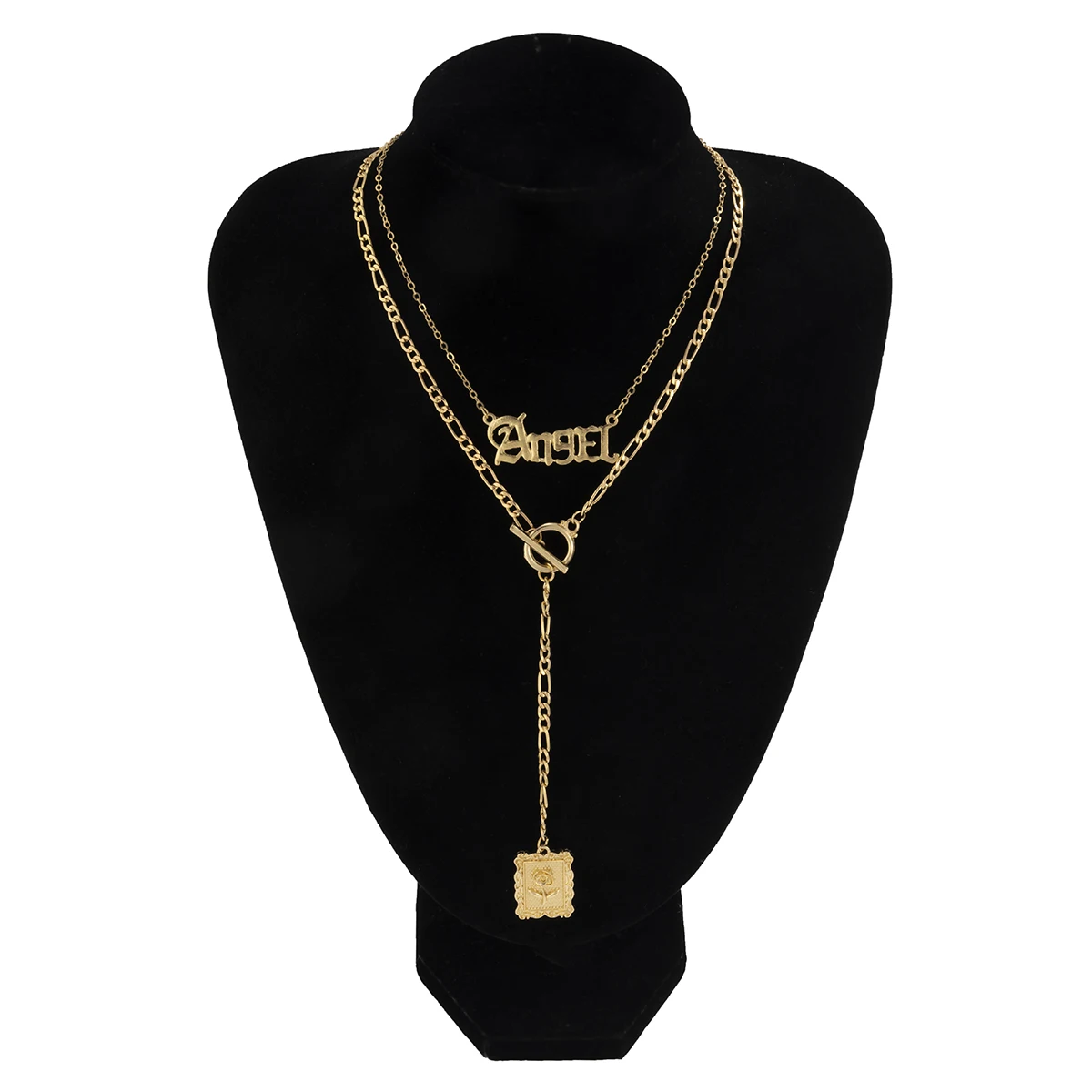 

2Pcs/Set Punk Vintage Angel Letter Chain Necklace Fashion Trendy Rose Flower Square Pendant Necklaces Neck Jewelry for Women