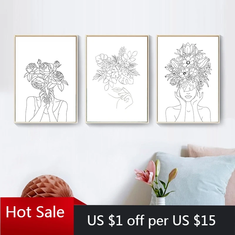 Абстрактная женщина цветок голова рисунок плакаты и принты черно-белые