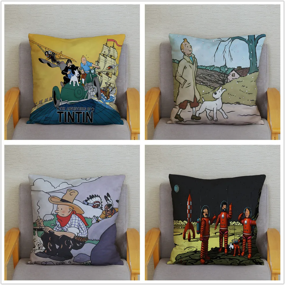 

Throw Pillow Cover Adventures Of Tintin Print Cushion Cover 45*45cm Super Soft Short Plush Pillowcase Home Decor Pillows Cases