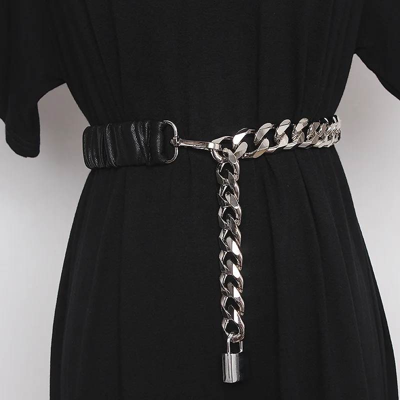 Fashion Personality Elastic Silver Chain Belt Ladies Dress Cummerbunds Stretch Corset Belts for Women Metal Silver Lock