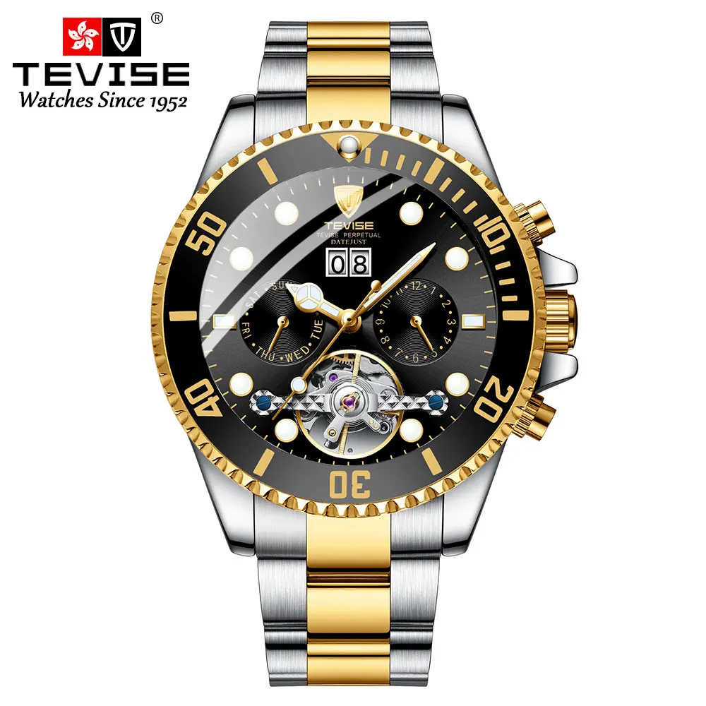 gola black TEVISE Топ люксовый бренд для мужчин нержавеющая сталь Скелет часы для мужчин водонепроницаемый автоматические механические наручные часы Relogio Masculino - Цвет: gola black