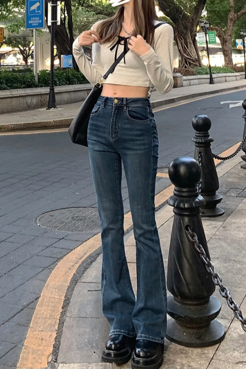 

Long Legs Women Jeans 2021 New Spring Autumn Hot Girl Style Retro High Waist Flare Denim Pants for Ladies Slim Long Trousers