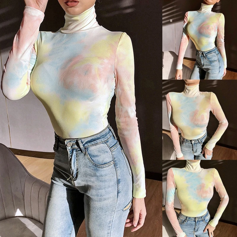

Women Long Sleeve Turtleneck T-Shirt Colorful Tie-Dye Ribbed Slim Pullover Tops X3UE