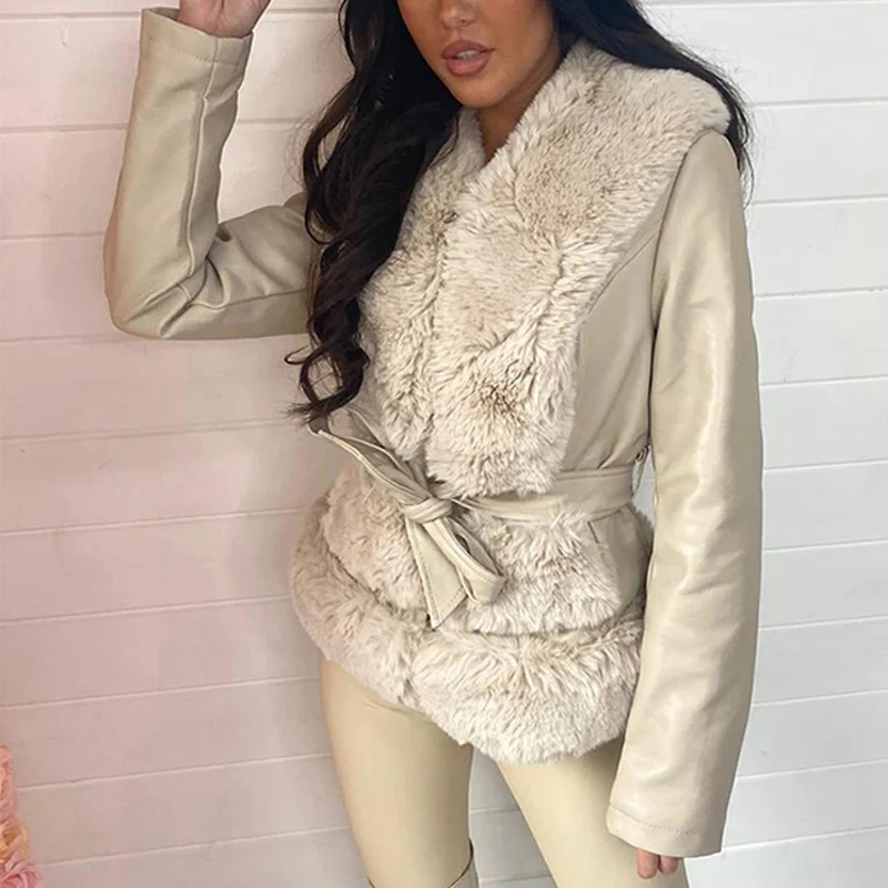 

CP Tie Belt куртки с воротником из искусственного меха женские модные зимние приталенные пальто женские элегантные однотонные лоскутные куртки...