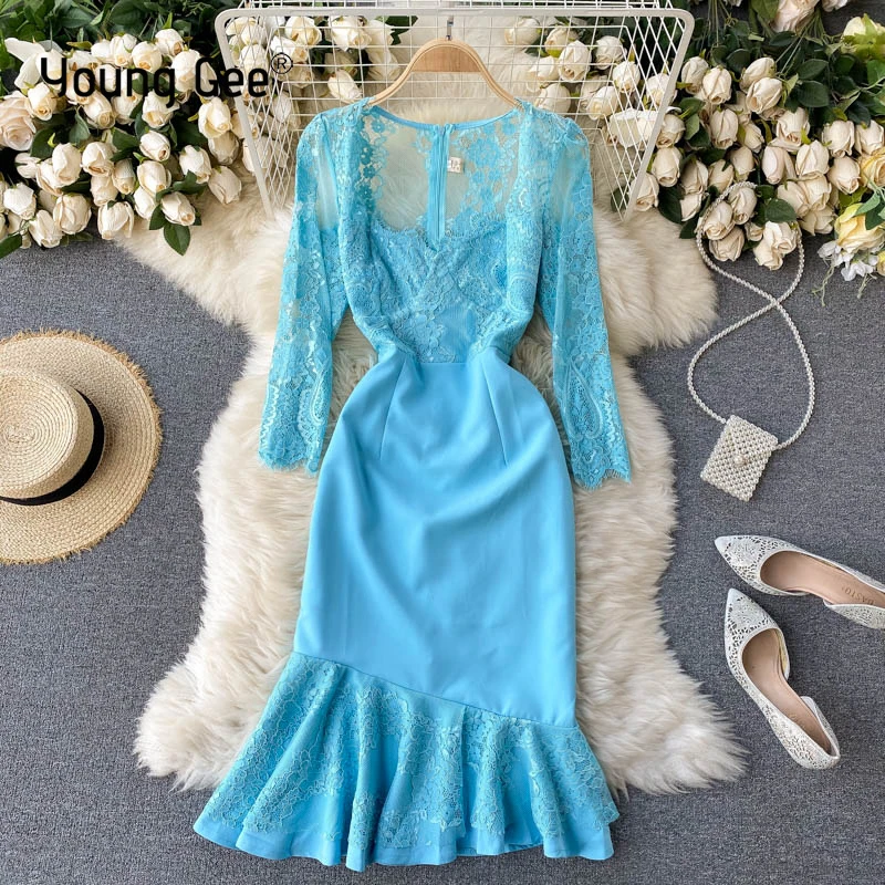 

Young Gee Women Party Blue Lace Dress Patchwork Long Sleeves Slim Bodycon Fashion Ladies Celebrate Mermaid Floral Dresses Robes