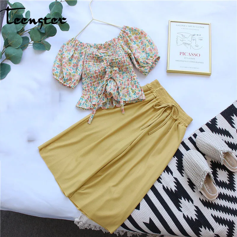 Шифоновый топ с открытыми плечами и широкие брюки цветочным принтом | Мать